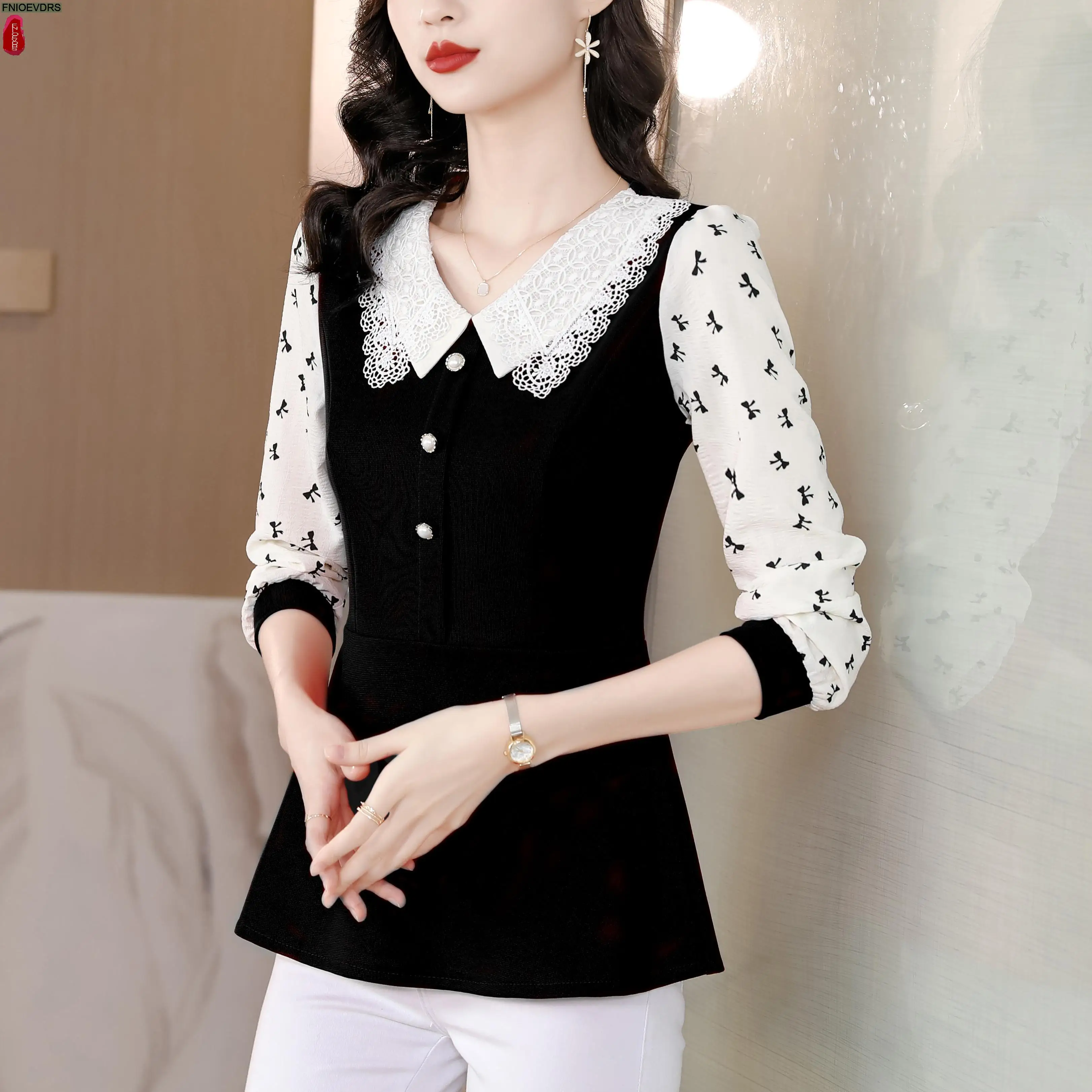 Office Lady Shirts 2023 Fall Autumn Basic Wear Women French Design Patchwork Long Sleeve Button Shirt White Lace Tops Blouses