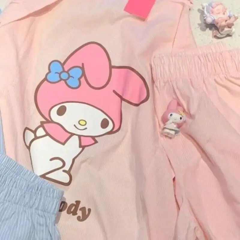 Hello Kitty Melody Casual Stripe Shirt Anime Cartoon Sanrio Girls Shirt Shorts Long-Sleeved Shirt Student Cotton Tops Home Sleep