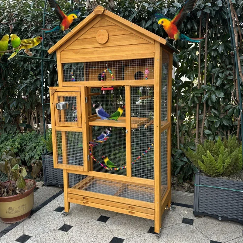 Jaula de Madera Grande para Pájaros con Techo Cubierto, Aviario para Exteriores, Jaulas para Mascotas de Color NATURAL para Granjas y Casas de Campo