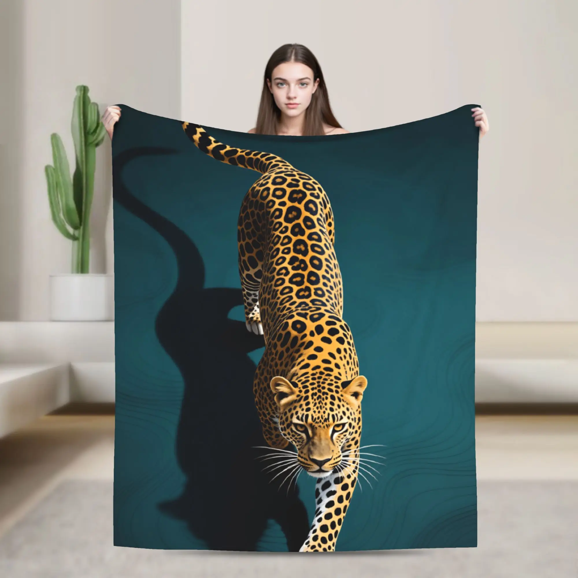 Wild Jaguar Walking On Dark Teal Texture Blanket Adults Child  Flannel Throw Blanket For Living Room Warm Cozy Quality Bedspread