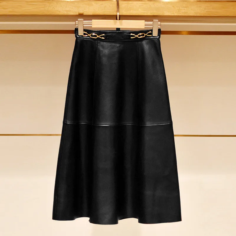 2022 Autumn Winter Chic OL High-rise Leather-Skirt High Quality Sheepskin Genuine-leather Women's Elegant Skirts B910