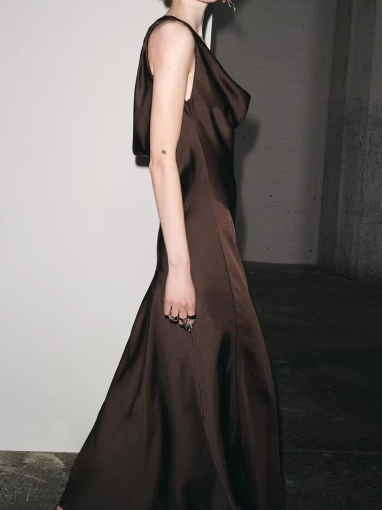 Europejski i amerykański styl wiosenny nowy trend w modzie damskiej temperament satynowa tekstura drapowany kołnierz sukienka bez pleców