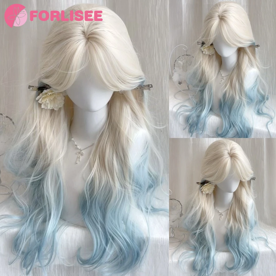 

Platinum Gradient Blue Long Curly Hair Synthetic Wigs with Bangs Cosplay Wig for Women High Temperature Natural Fake Hair