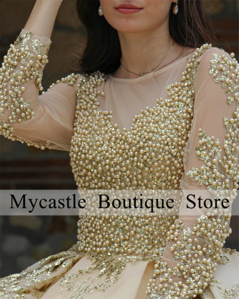 Luxury Shiny Gold Lace Sequins Quinceanera Dress 2024 Long Sleeve Pearls Beaded Ruffles Sweet 16 Dress  Vestidos De XV 15 Anos