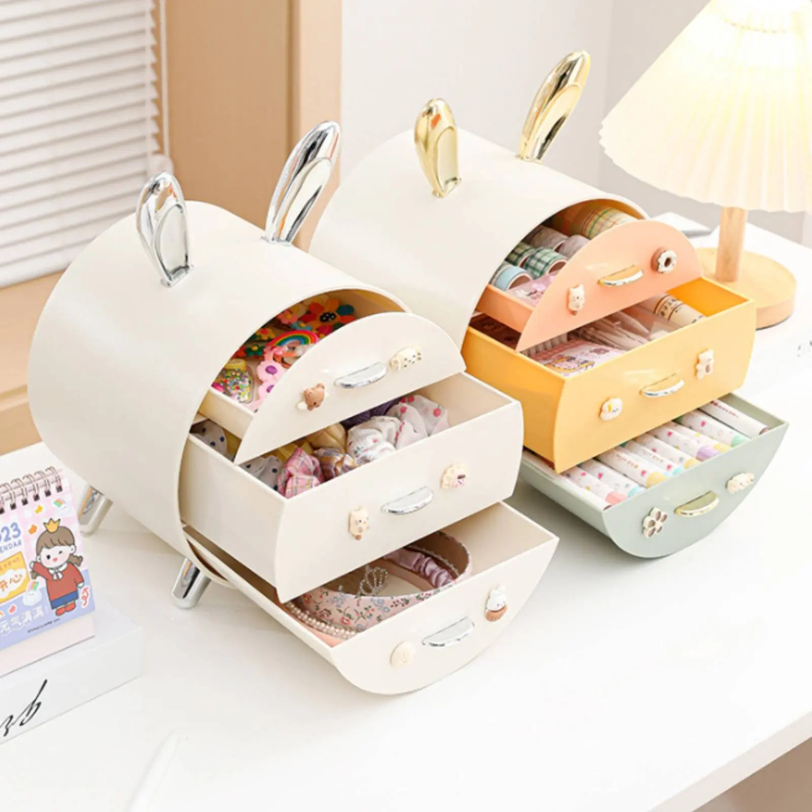 Hare Storage Box Cute Handle Design Hare Ear Desk Cabinet Plastic Drawer Organizer Large Capacity for Bedroom, Dressing Table