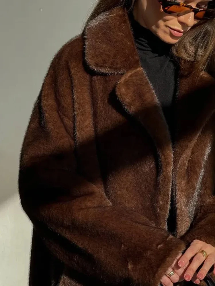 Tuularose Winter Thickened Fur Coat Fashion Vintage Brown Lapel Long Coats New Casual Commuter Warm Streetwear Women's Outerwear