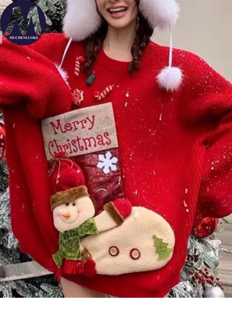 

Женские рождественские вязаные свитера с длинным рукавом и круглым вырезом, повседневные свободные пуловеры, осенние и зимние топы, новая мода, 2025 г.