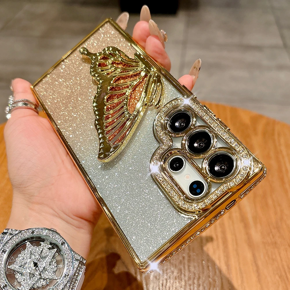 Luxury Diamond Bling Glitter Butterfly Stand Case For Samsung S26 S25 Ultra S24 FE S23 S22 Plus A56 A36 A26 A16 A55 Soft Cover
