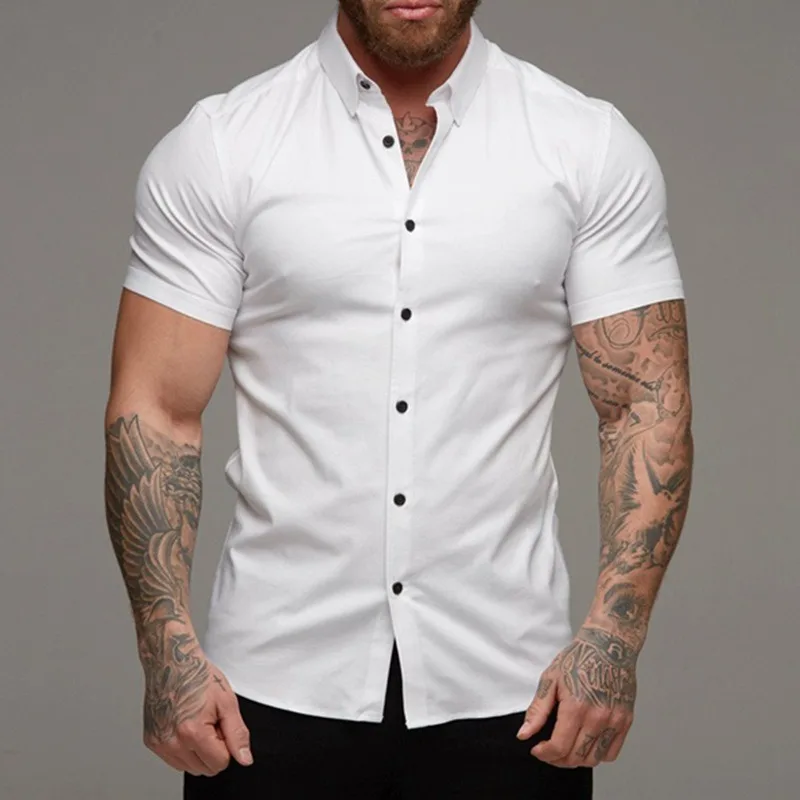 

5 Colors!2024 Summer New Men's Fitness Short sleeved Polo Neck Shirt Elastic Thin Solid Sports Casual Cardigan Business Shirt