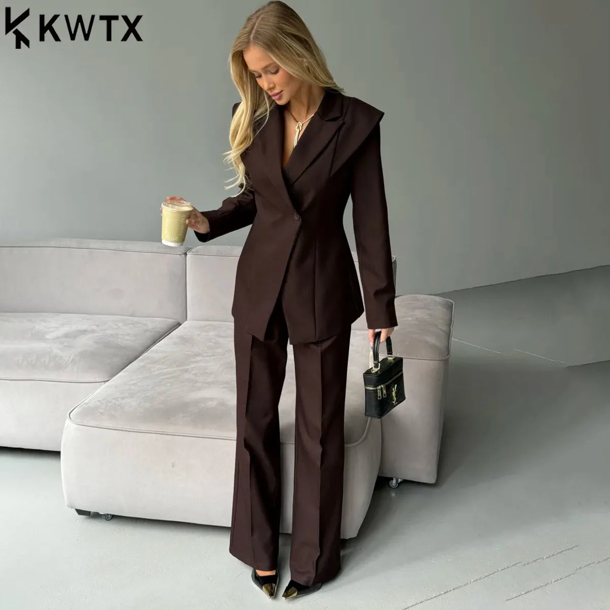

KWTX женский 2026 SS элегантный блейзер и широкие брюки, костюм с лацканами на одной пуговице, облегающая талия, офисная вечеринка, уличная одежда, нарядный