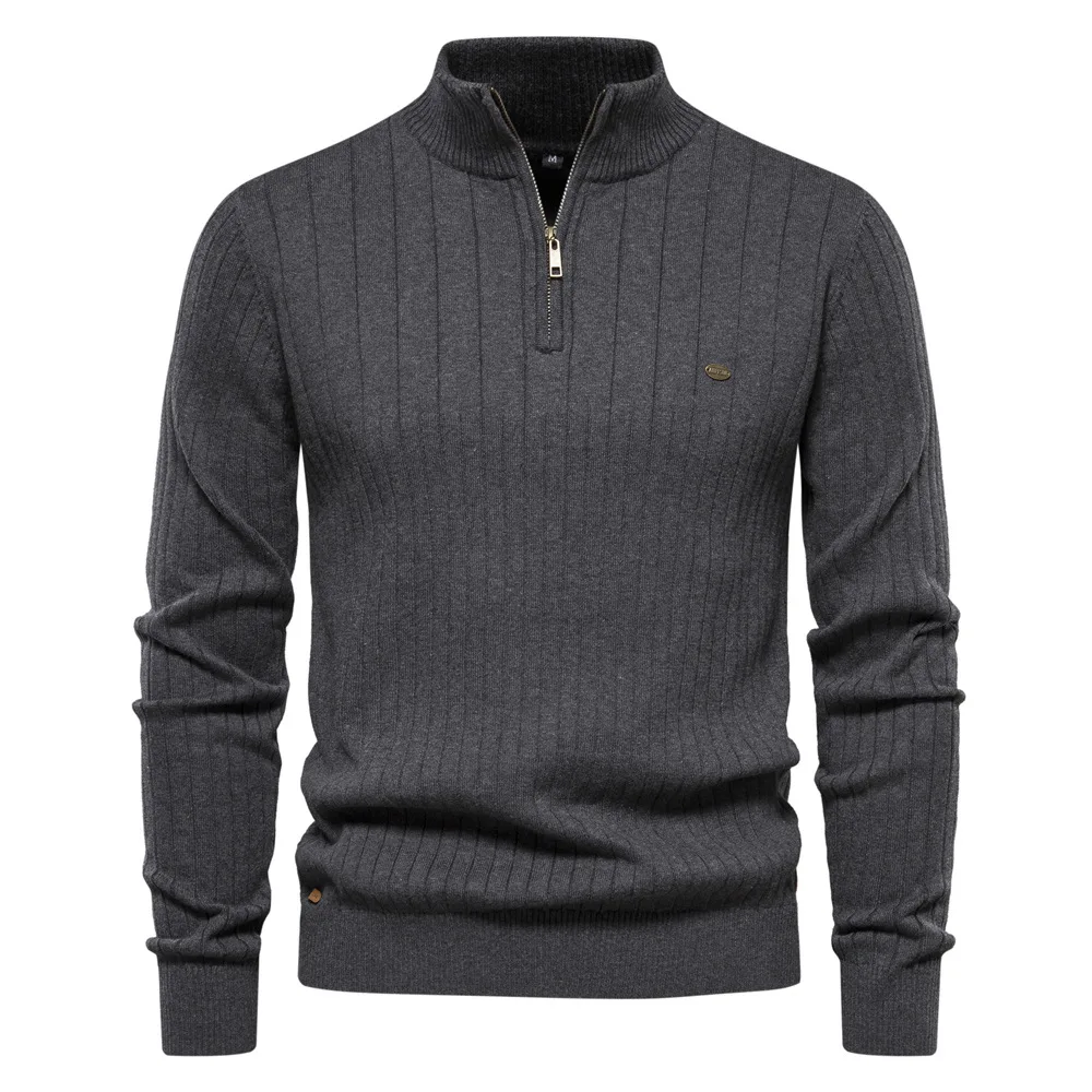 2024 New Autumn and Winter European Size Stand Collar Men's Sweater Half Zipper Solid Color Sweater High Quality Pullover