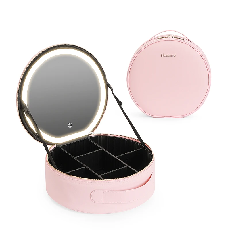 Travel Makeup Bag with Led Mirror Makeup Case with Lighted Mirror Cosmetic Organizer bag with Adjustable Dividers (round)