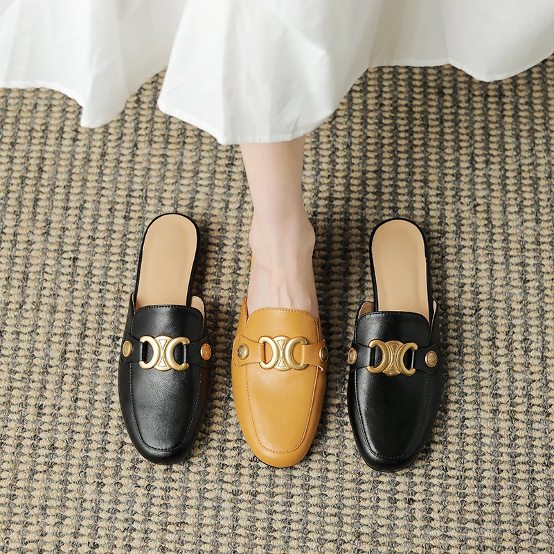 

Genuine leather shoes women mules slipper Cover Toe Elegant Slippers summer Simple Casual Loafers