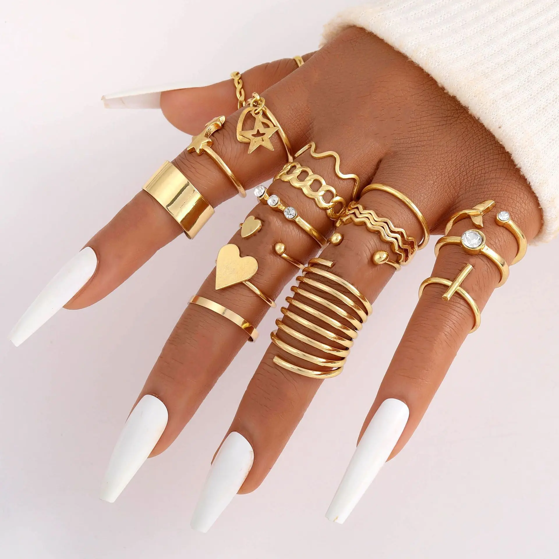 1set Hot Selling Fashionable And high-end Sense Commuter Combination Set Ring Creative Pentagram Fish Tail Wave Ring Wholesale