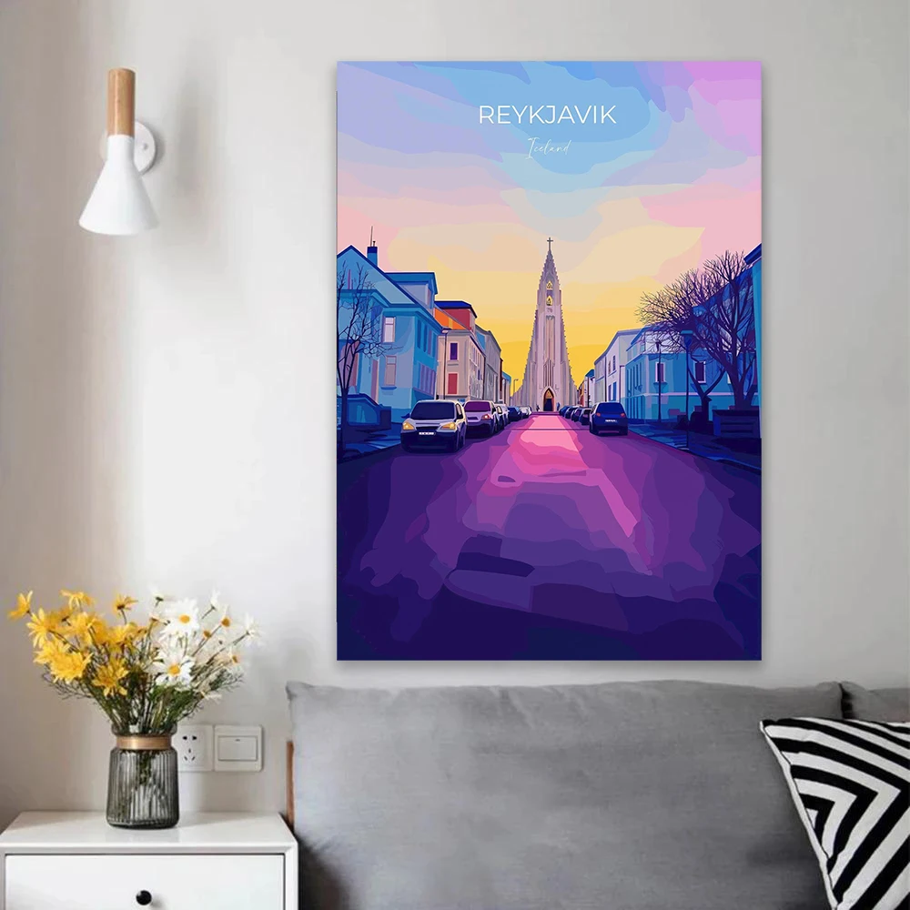 ريكجافيك طباعة الجدار ملصق فني أيسلندا المشهد طباعة مدينة الطبيعة ريكجافيك المشهد قماش اللوحة ديكور غرفة نوم المنزل #4