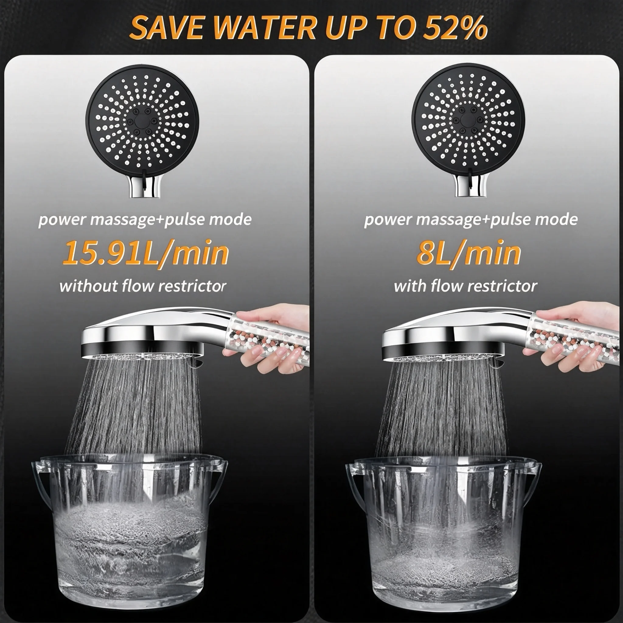 Super Easy Install No Drill Filter Shower Head Handheld Set with Natural Mineral Ball Water Softener Multiple Rain Spray Modes