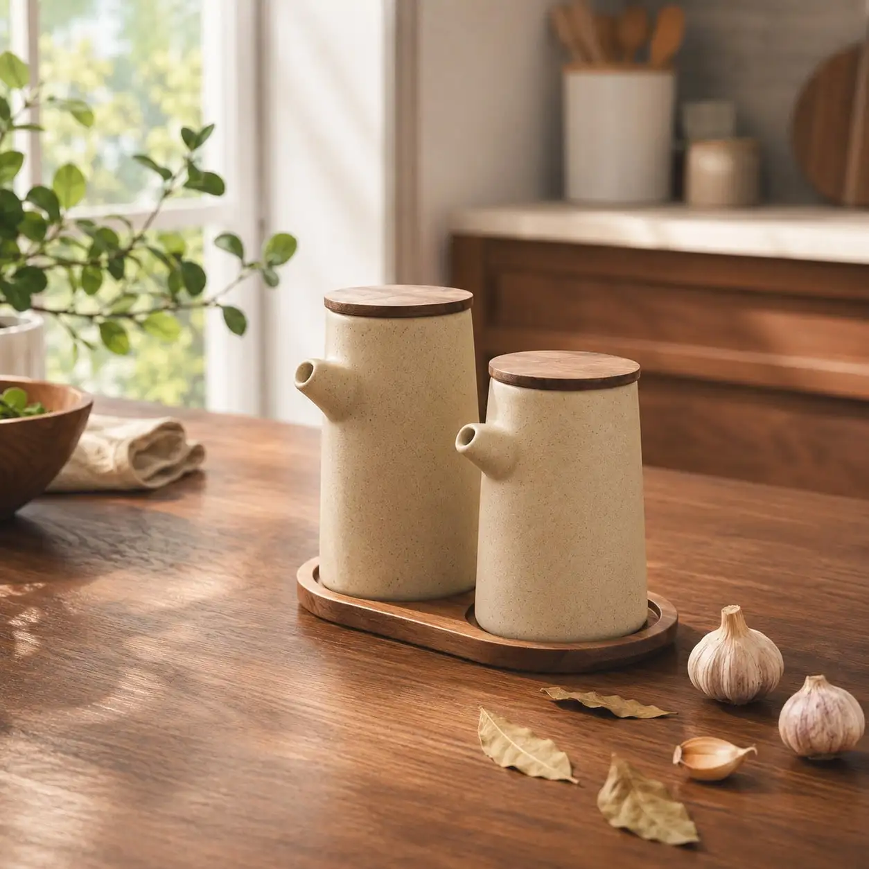 2 Pieces/1 Piece 250 ml (8.8 oz)/350 ml (12.32 oz) Ceramic Oil Bottle with Walnut Wood Sealing Lid, Round Kitchen Condiment Dispenser for Soy Sauce, Vinegar, Olive Oil, and Peanut Oil