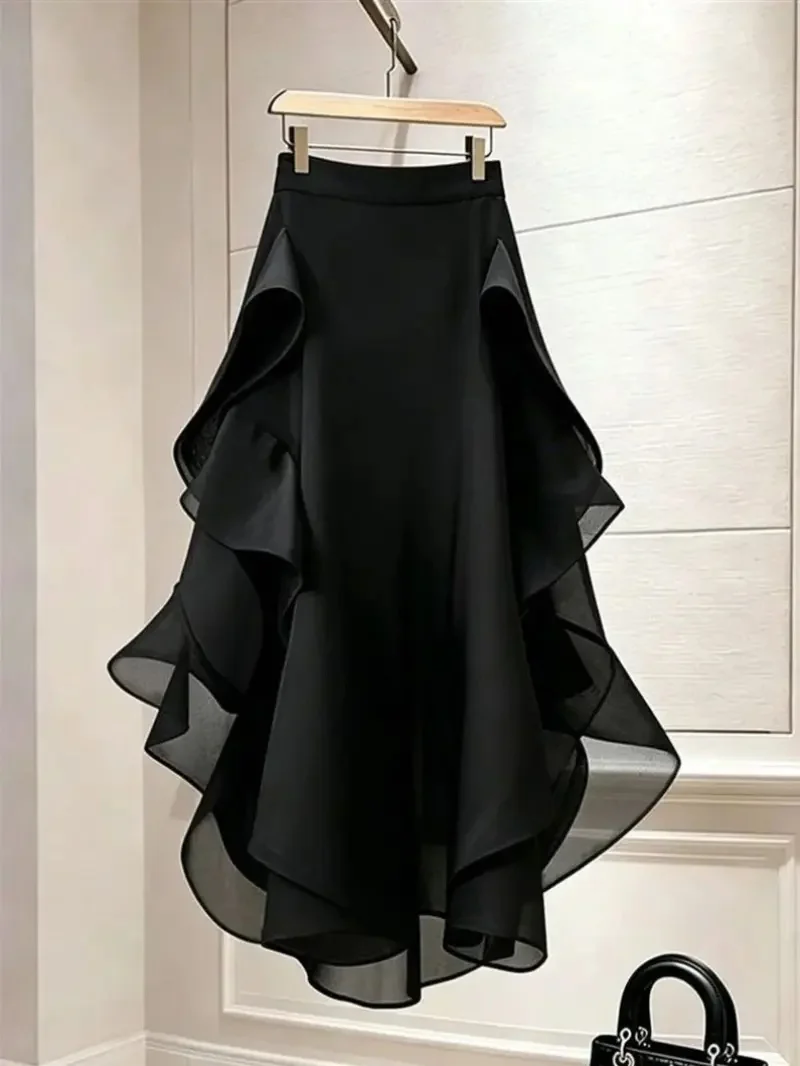 French Retro A-line Mesh Midi Black Skirt Women Summer Trendy Formal Thin High Waist Ruffle Edge Irregular Skirts