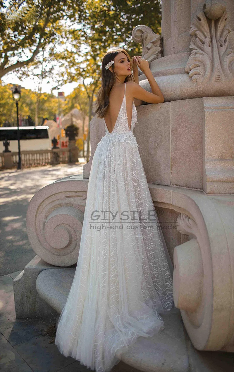 GIYSILE Customized White Lace V-neck Light Wedding Dresses Sexy Backless High Slit Evening Dress for Women 2025 New Party Gowns
