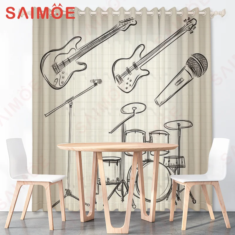 European American Retro Music Musical Instruments Curtains Guitar Piano Drum Thin Polyester Fabric Office Decoration with Hooks