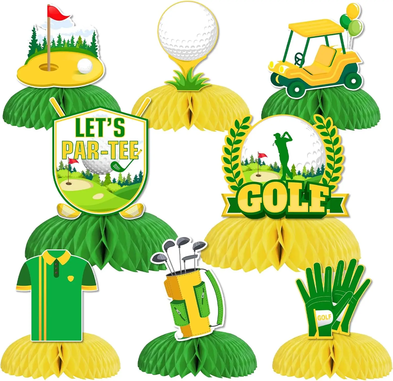 8 PCS Golf Party Table Decor centrotavola a nido d'ape per Table let's Partee Table Toppers forniture per feste di compleanno a tema sportivo