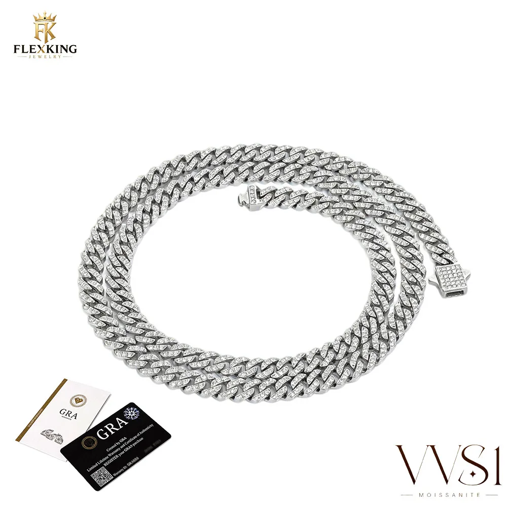 FLEXKING 6mm Moissanite Cuban Link Chain Stainless Steel Moissanite Bracelet Iced Out Cuban Necklace Hip Hop Jewelry for Men