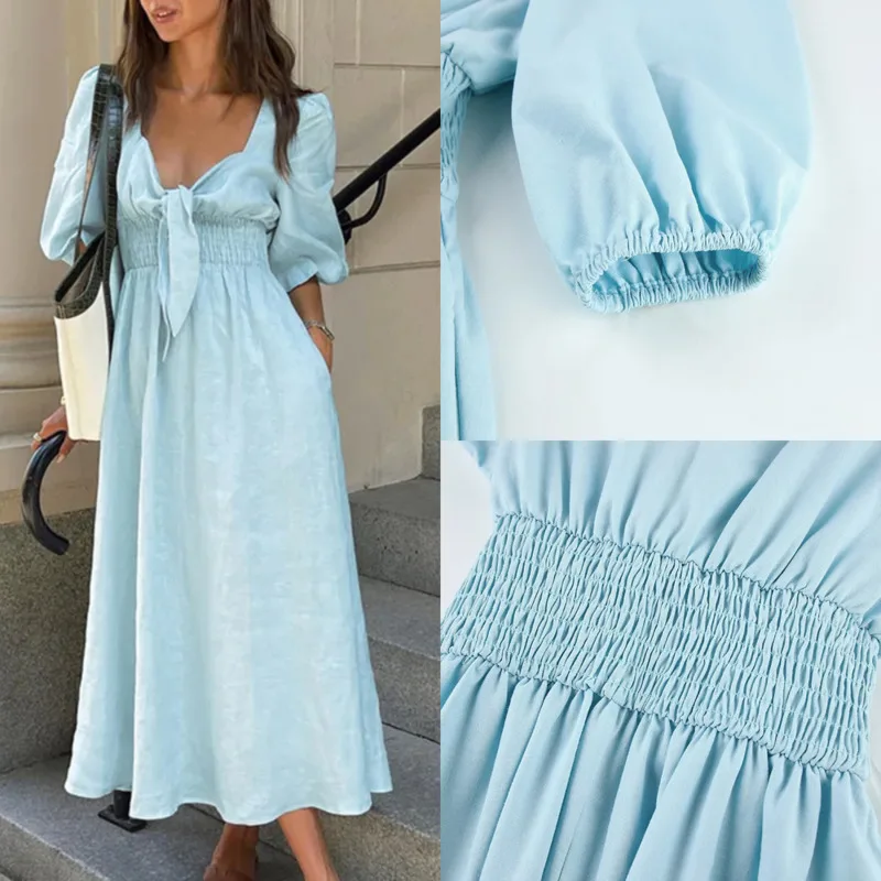 

Chic Puff Sleeve Midi Dress For Summer 2025 Featuring V-Neckline And Smocked Waist Cotton Linen Fabric For Breezy Daytime Looks