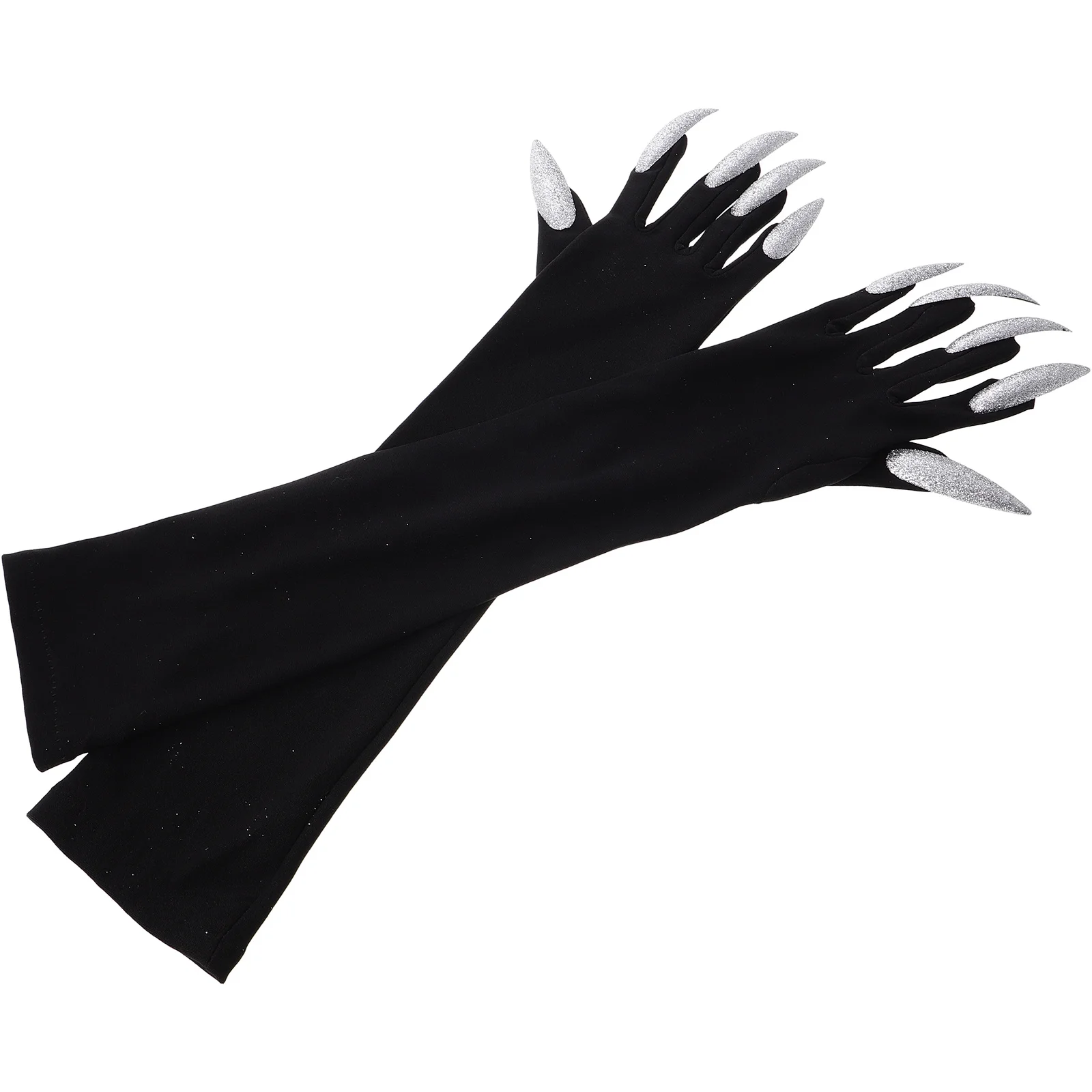 

1 Pair Black Halloween Costume Gloves With Long Fingernails Scary Props For Party Full Finger Elastic Gloves Horror Nail Tips