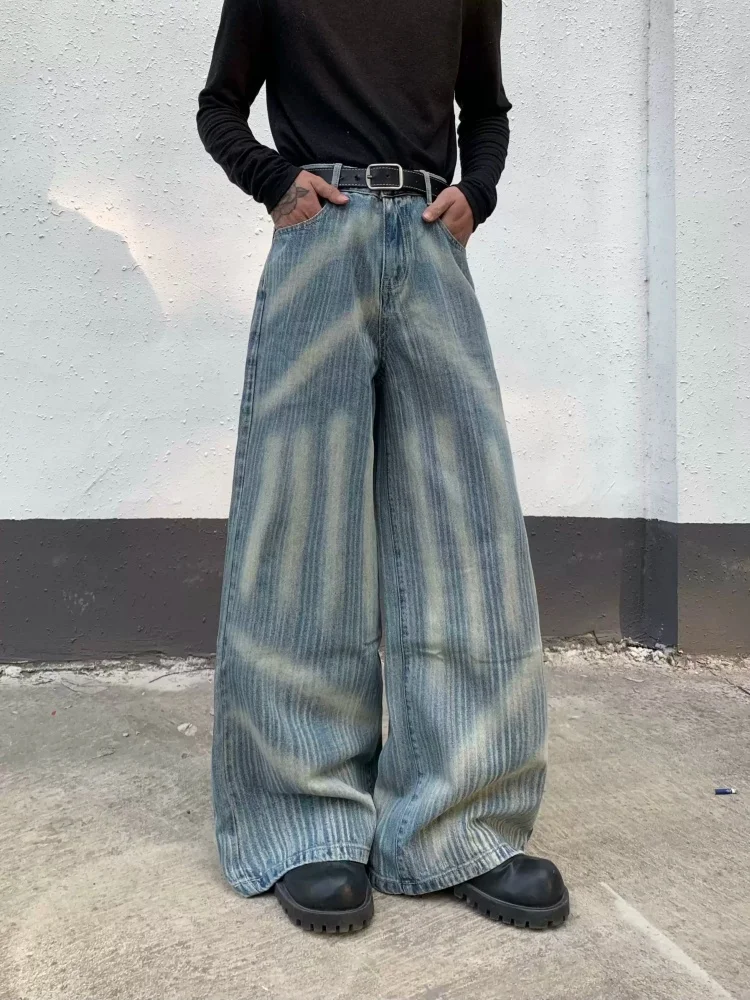 

Оригинальные джинсы Niche Distressed Retro Washing Tie Dye Design Bule для мужчин, повседневные, свободного кроя, с широкими штанинами, прямые, из денима.