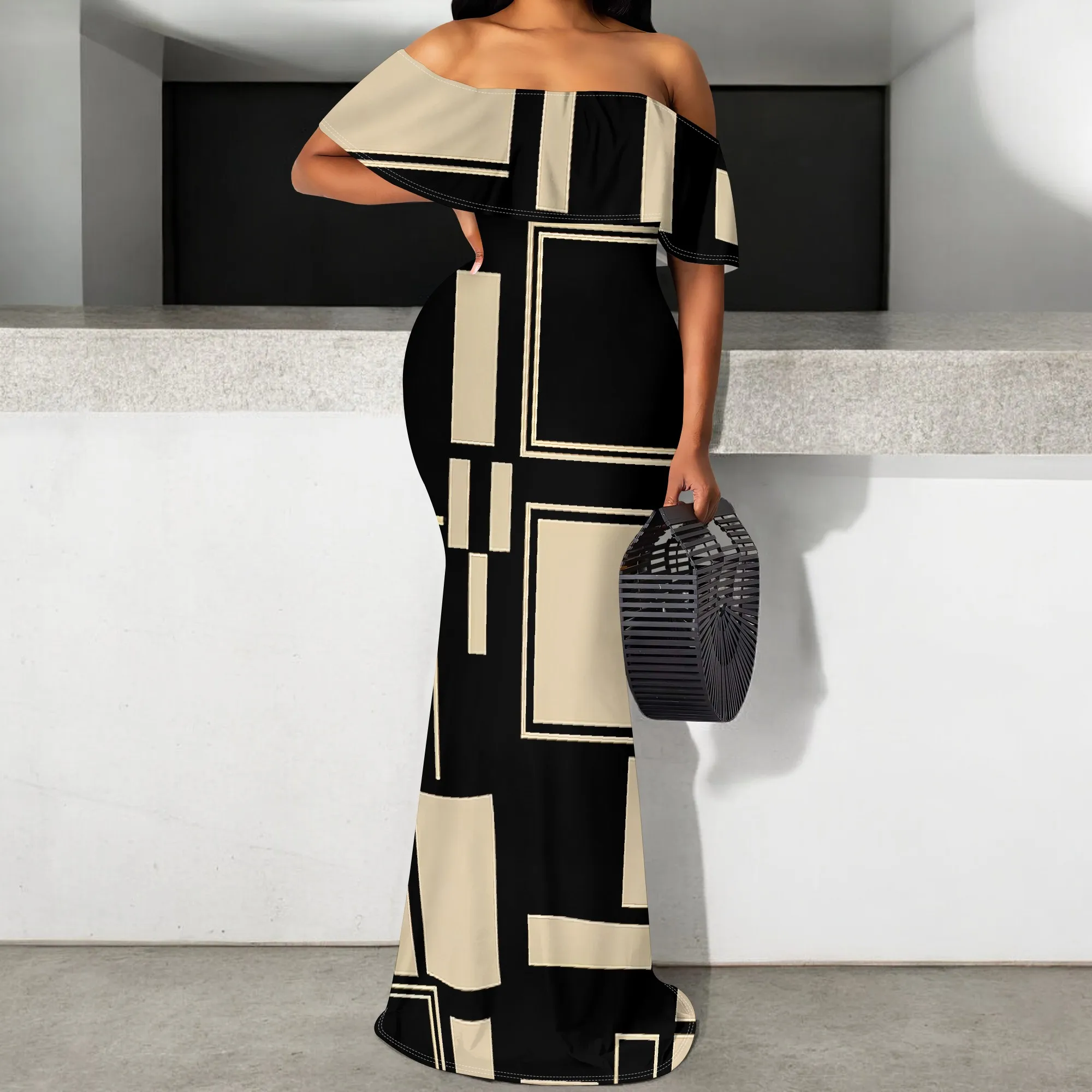 

Chic Geometric Print Maxi Dress S-3XL Off Shoulder Bodycon Style for Art Festival, Elegant Dinner or Summer Cocktail Party Look