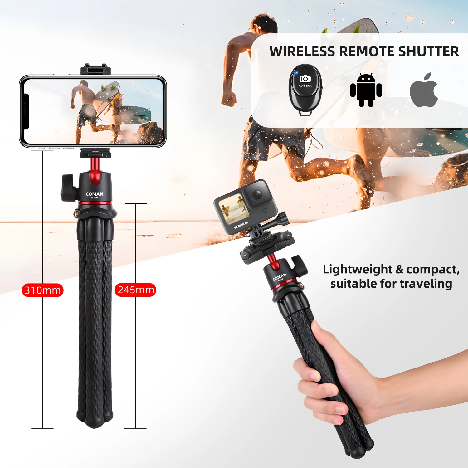COMAN MT40 Mini Octopus Flexible Tripod Stand For Phone DSLR Camera With Remote Control Holder For iPhone Samsung Xiaomi Huawei