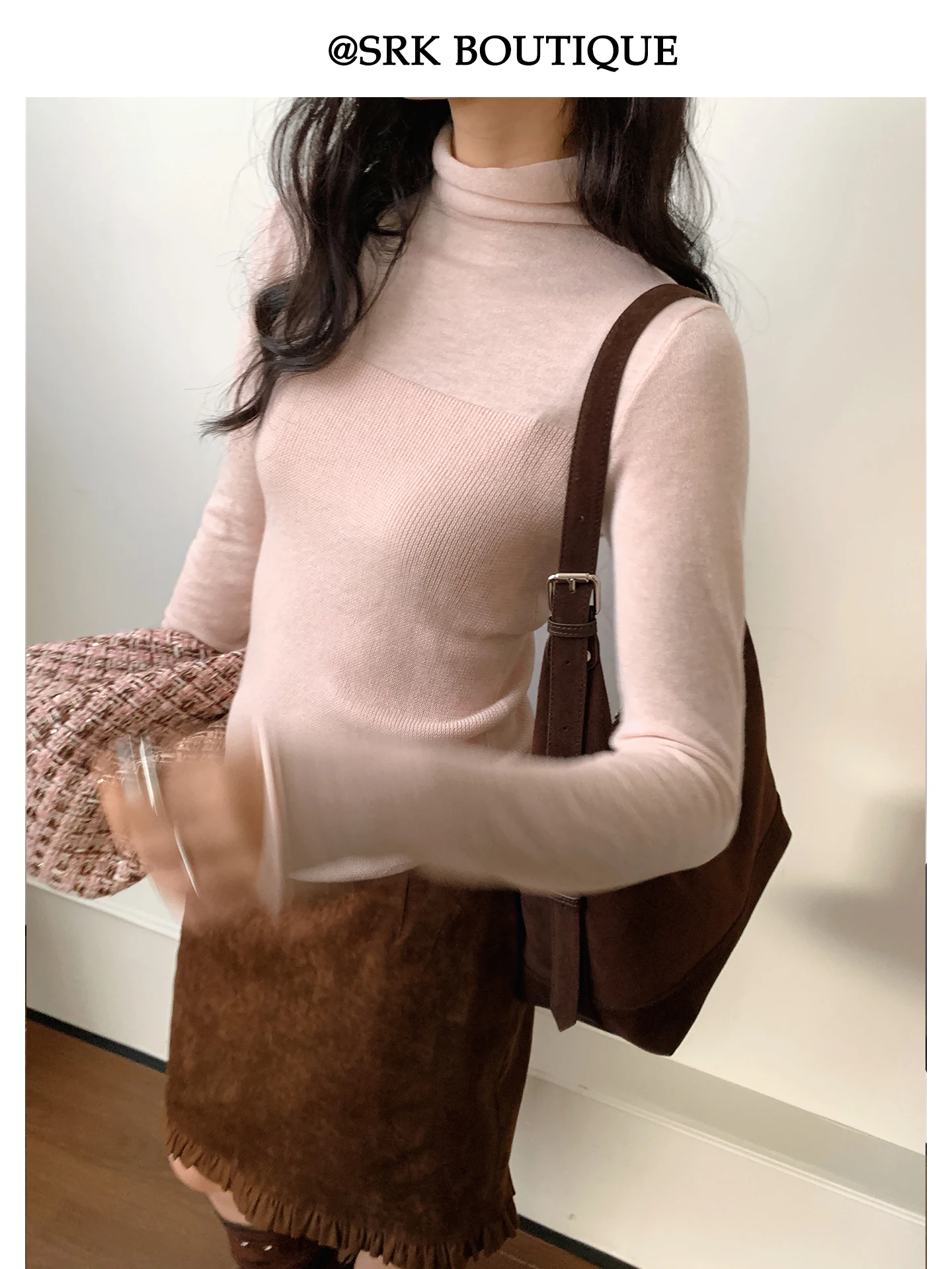 

SRK Soft Pink Woolen Knitted Sweater Thin Slim Fit Long Sve High Collar Inner Wear Base irt Ele Sle Ladies Faion