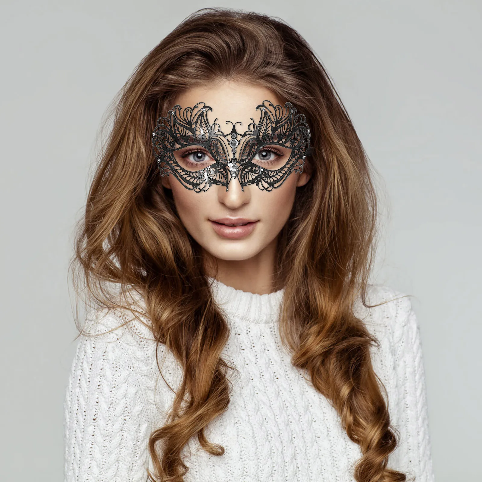

Elegant Half Face Black Metal Masquerade Mask for Women Party Costume Decorative Lace Half Mask Halloween Props Female