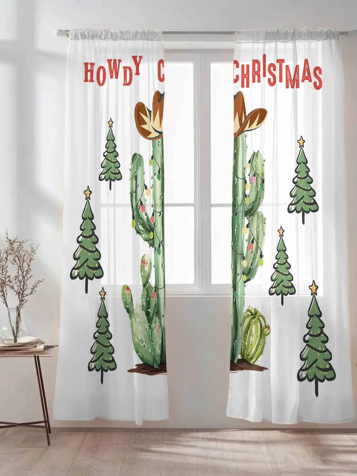 

Christmas Western Cowboy Hat Tulle Sheer Curtains for Living Room Bedroom Kitchen Decoration Voile Organza Curtains