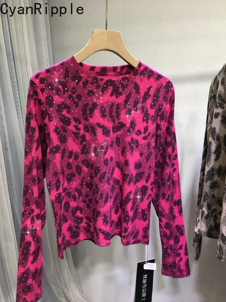 Rose Red Leopard Print Hot Diamonds Skinny Women T-shirt Round Neck Pullover Top Autumn Winter Long Sleeve Slimming Cotton Tees
