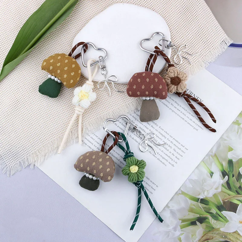 New Internet Celebrity Miu Style Fabric Mori Mushroom Flower Car Keychain Mobile Phone Bag Pendant Couple Versatile Pendant