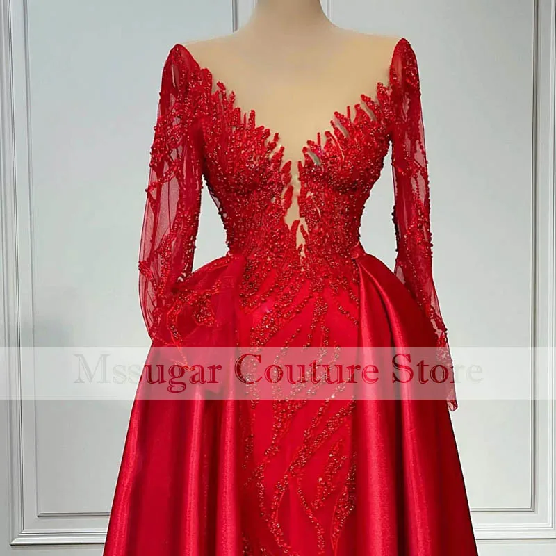 2022 Elegant Red Mermaid Prom Dresses Beading Longsleeves Evening Gowns Custom Made Formal Party Gowns