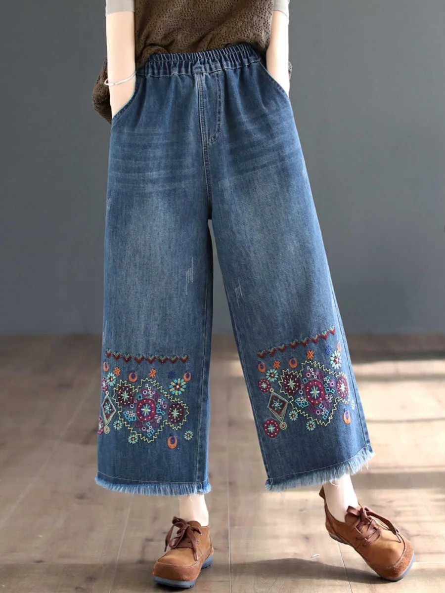 

Хлопковые джинсовые брюки с вышивкой в китайском стиле в стиле ретро, свободные широкие джинсы с высокой талией, летнее новое поступление, антивозрастной женский сгусток...