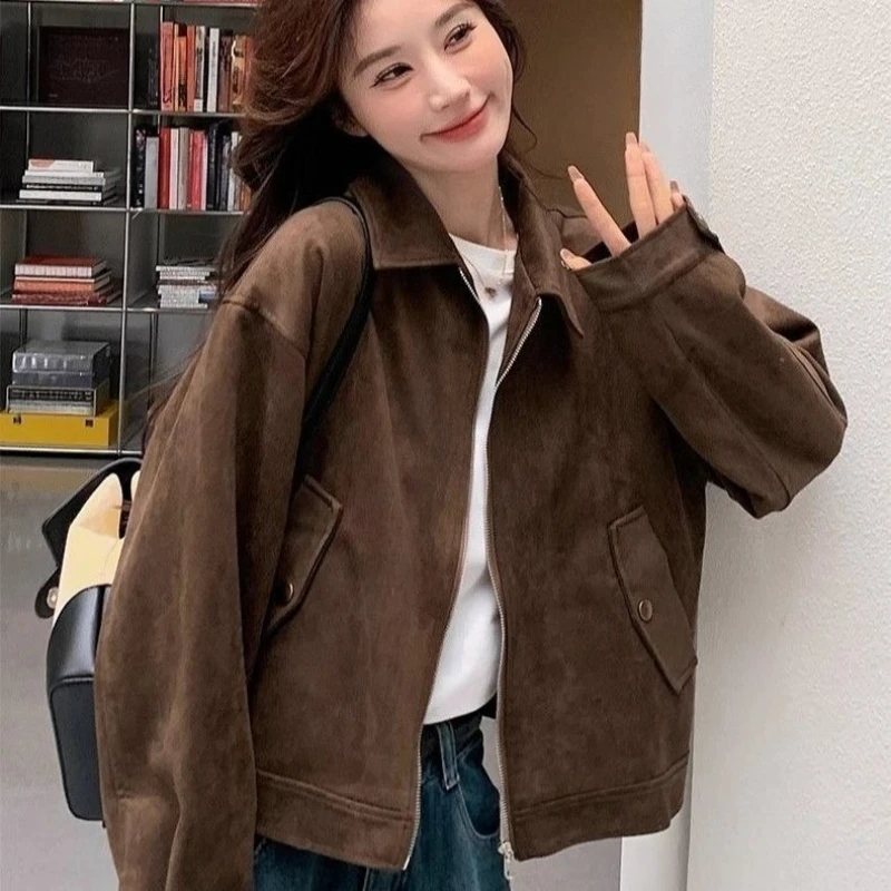 2025년 신상 여성용 카라멜 레트로 재킷 반팔 루즈핏 아메리칸 스타일 다용도 봄 가을 상의