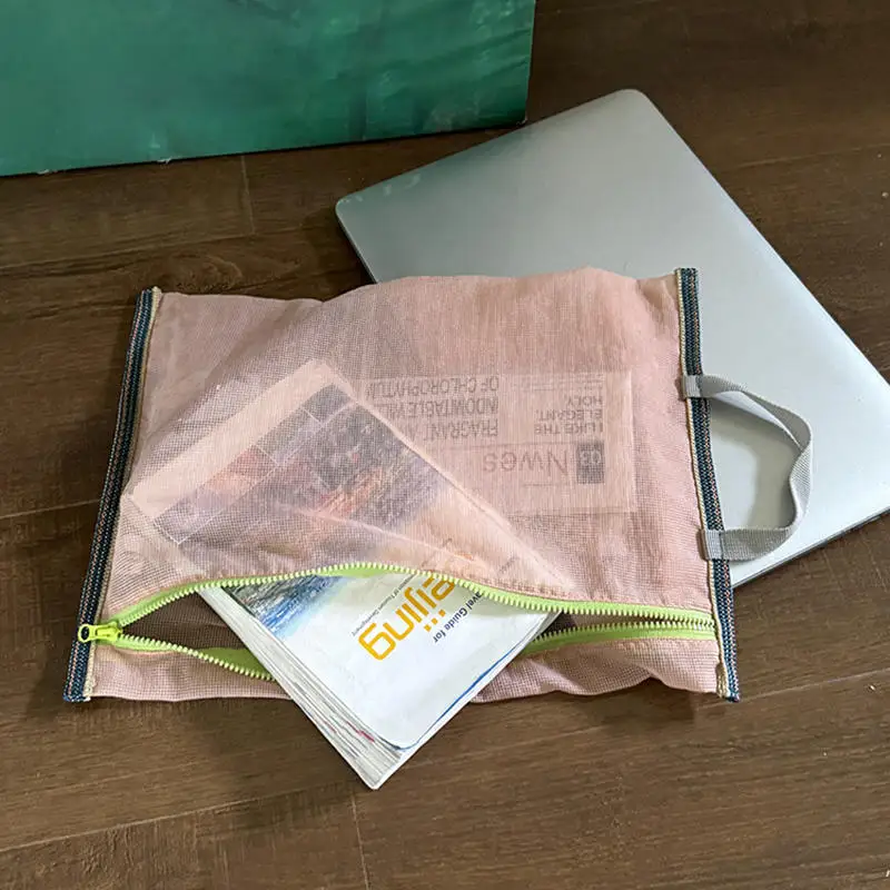 

Translucent Mesh Nylon Storage Bag Portable Zipper Handbag Functional Cosmetic Pouch Pencil Case Documents Paper Organizer