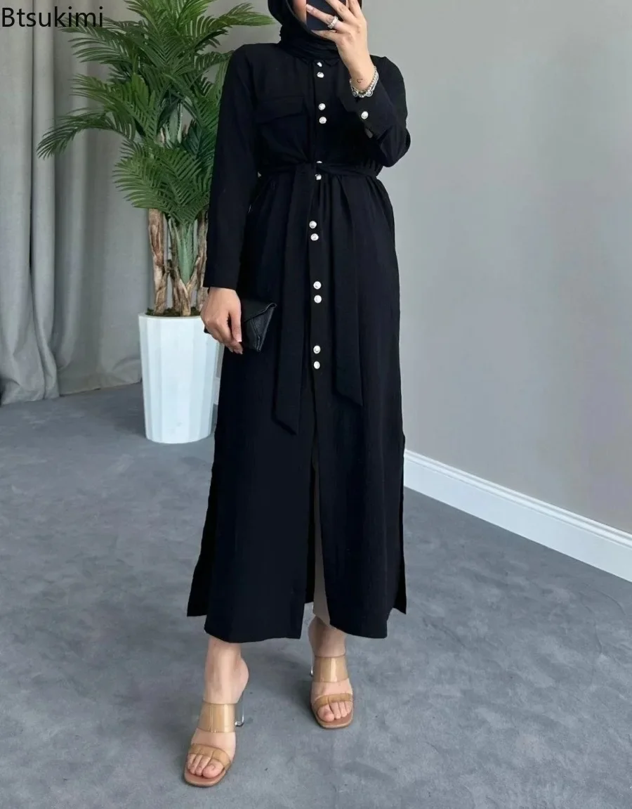 Muslim Open Abaya for Women Casual Temperament Cardigan Long-sleeved Lace-up Shirt Dress Islamic Clothing Arab Kaftan Robe Femme