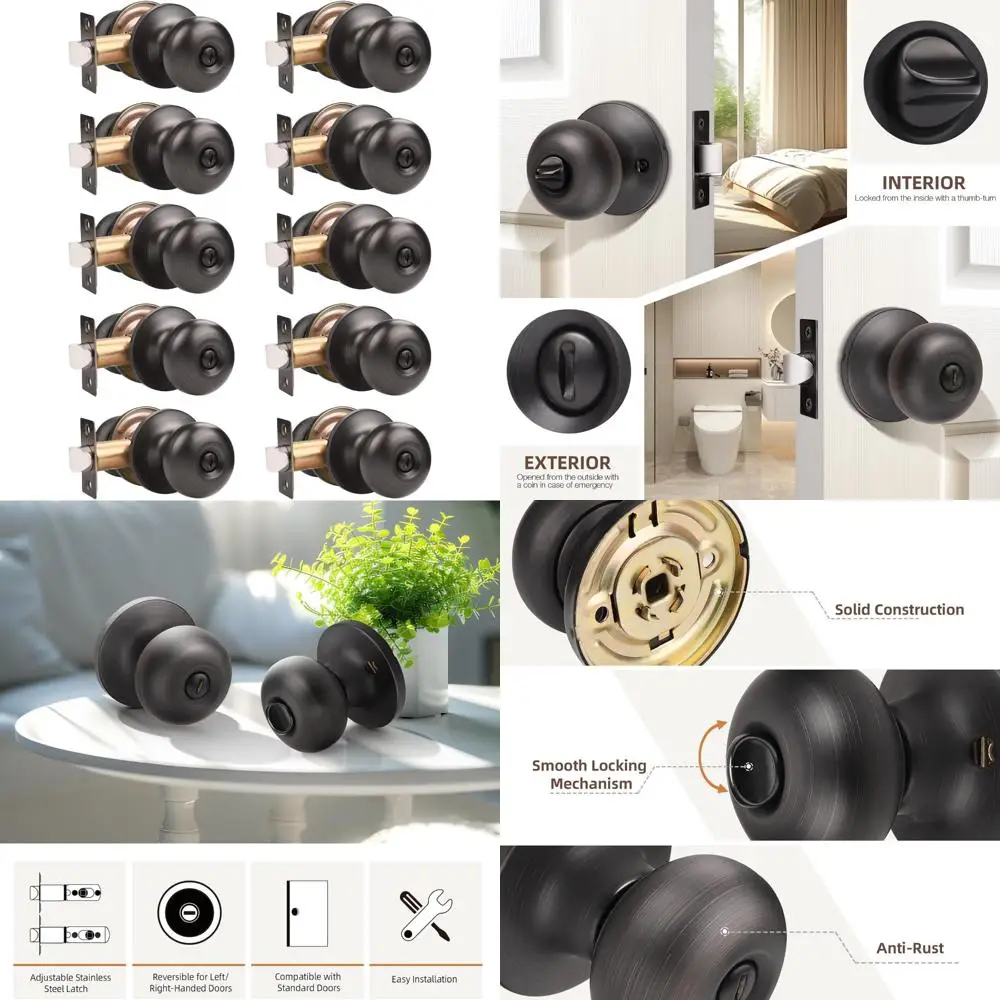 

Дверные ручки без ключа, дверные ручки из масляной бронзы для интерьера, упаковка из 10 штук, подходят для кроватей и ванных комнат, круглые D