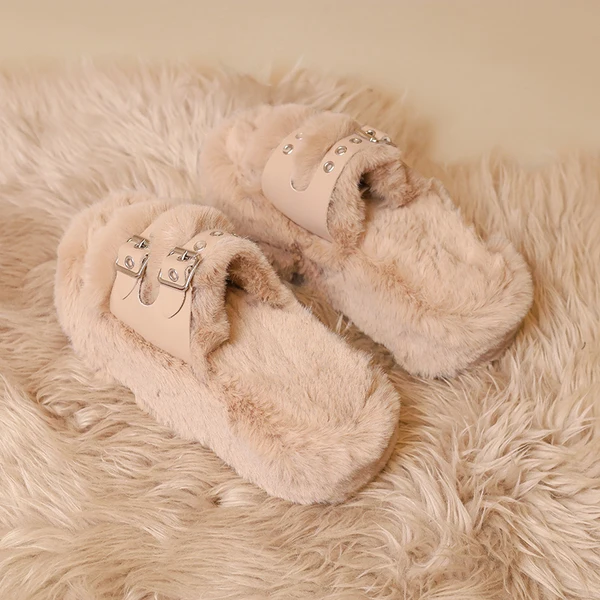 Shoes House Slippers Platform Flock Luxury Slides Slipers Women Med Fur Flip Flops Designer 2022 Plush Flat Rubber with fur Fash