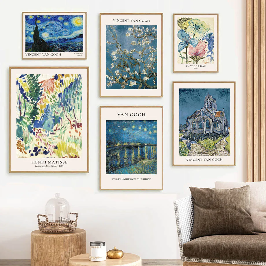 1 Stück rahmenlose Vintage-Poster mit berühmten Van Gogh, Monet, Matisse, Dali Motiven, abstrakte Kunstdrucke, Wandkunst, Leinwandgemälde, Retro-Bilder für Zuhause