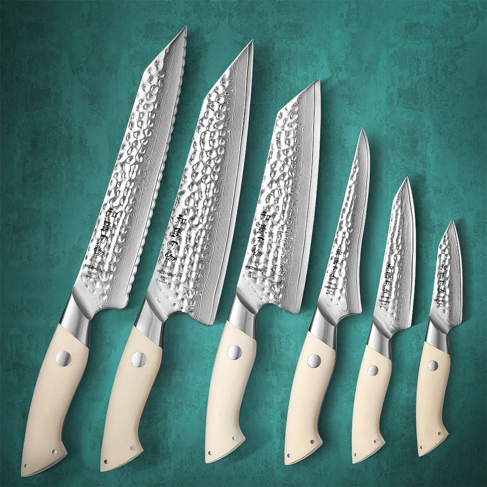 

HEZHEN 6PC Knife Set 67 Layers Damascus Steel Chef Cook Knife G10 Handle for Meat Sharp Kitchen Knife Gift Box