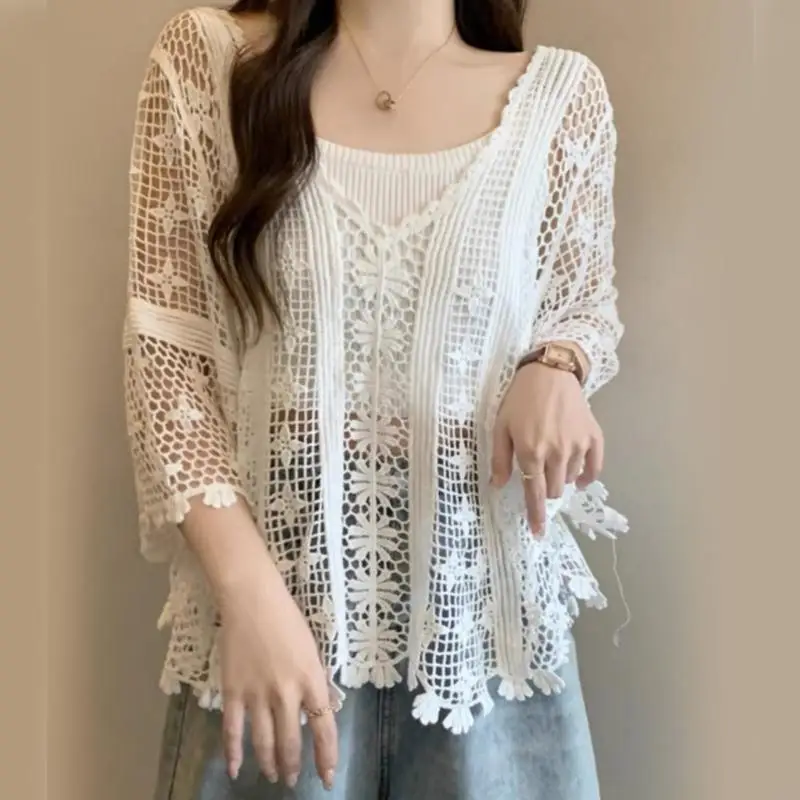 270d الأنيق متماسكة أعلى جوفاء خارج البلوزات مطرزة على أعلى محصول الأكمام الطويلة للنساء #5