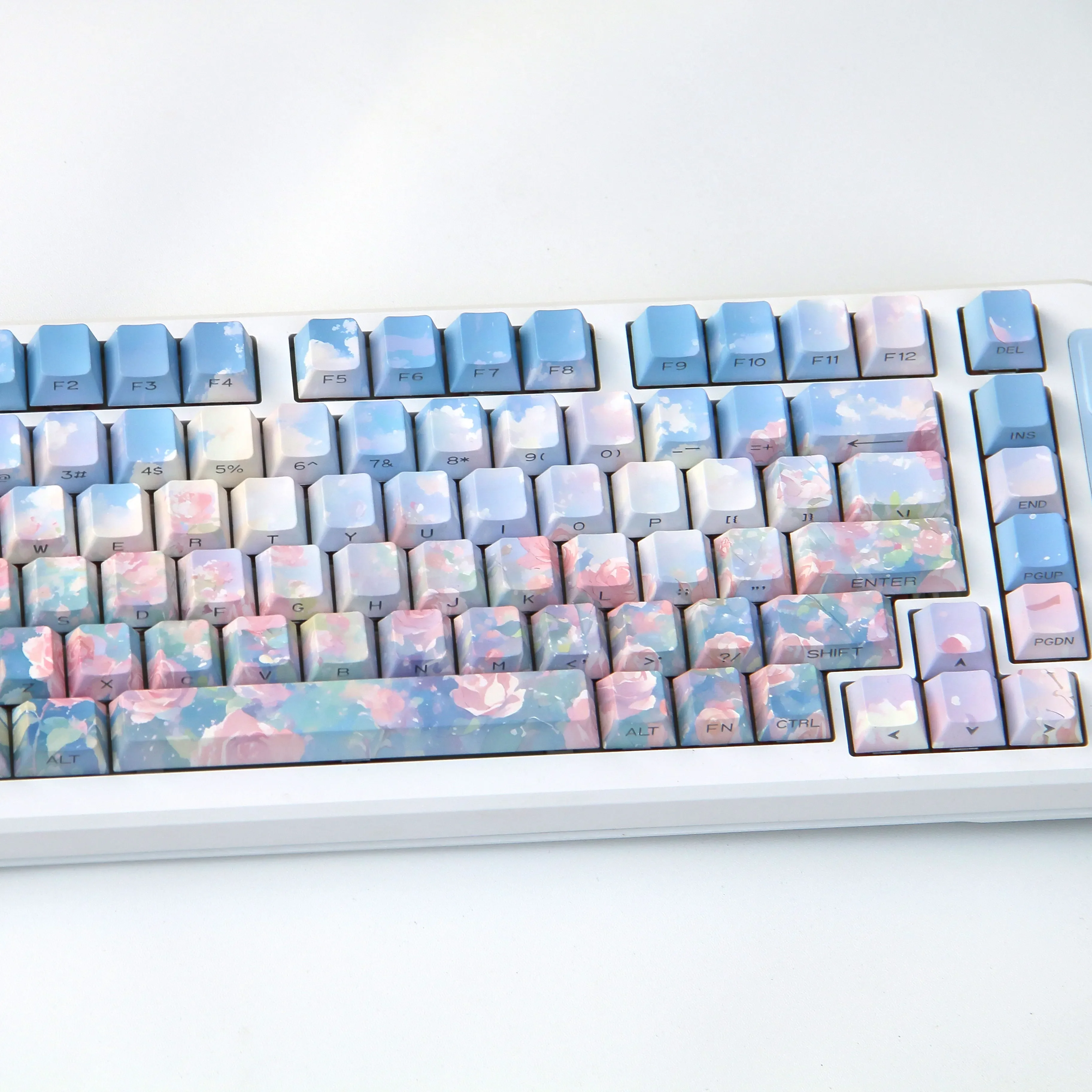 Rose Garden Keycaps 120Keys Ancient Oil Painting Style Blue Pink Gradient Smudge Side Engraved Translucent Original Pbt Keycaps