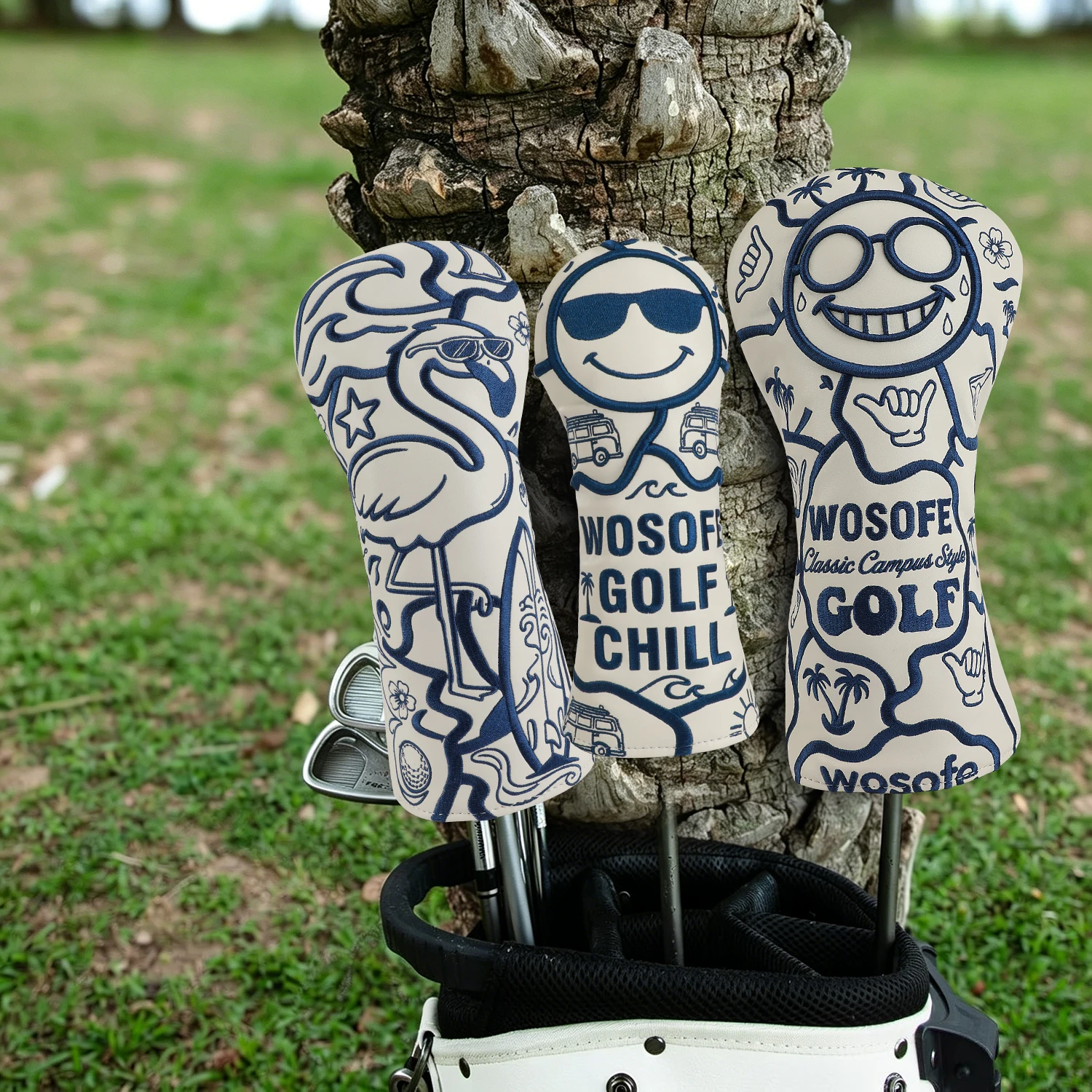 Golf Driver - 3Dの漫画刺繍が施されたPUレザー製のゴルフクラブヘッドカバー。ドライバー、フェアウェイウッド、ハイブリッド（UT）に対応。男性にも女性にも最適なゴルフギフト。