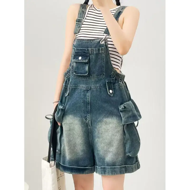 

Лето 2026: Новые женские джинсовые комбинезоны-карго, повседневные свободные шорты с широкими штанинами, цельные, модные, уличный стиль