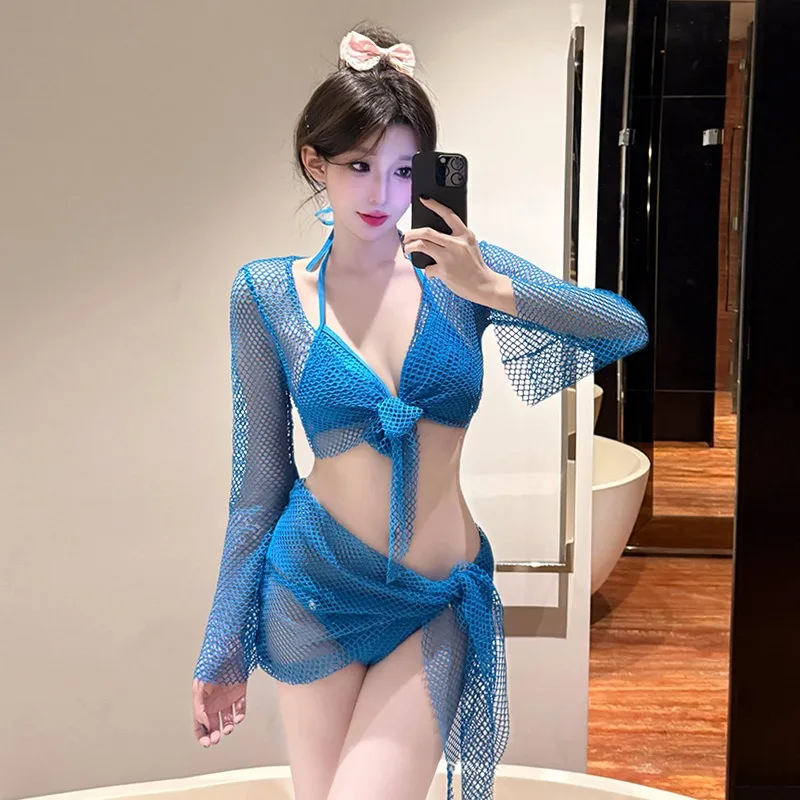 

Сексуальные синие однотонные микро-бикини, комплект из 4 предметов: купальники с вырезами и завязками, с длинными рукавами, накидкой и юбкой, пляжная одежда.